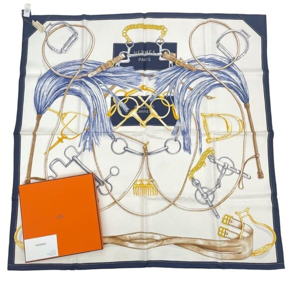 Hermes Scarf Carre 90 Silk Projets Carres Au Crayon White Navy